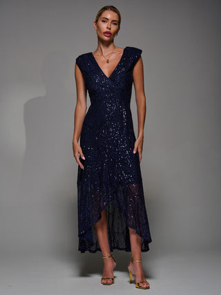 Sequin Asymmetric Ruffle Hem Maxi Dress, Navy