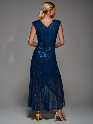 Sequin Asymmetric Ruffle Hem Maxi Dress, Teal