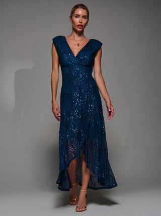Sequin Asymmetric Ruffle Hem Maxi Dress, Teal