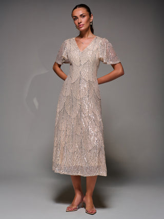 Sequin Angel Sleeve Fit & Flare Midaxi Dress, Beige Silver