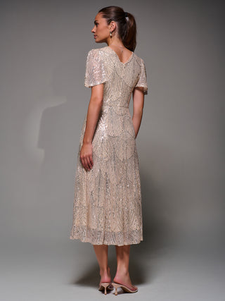 Sequin Angel Sleeve Fit & Flare Midaxi Dress, Beige Silver