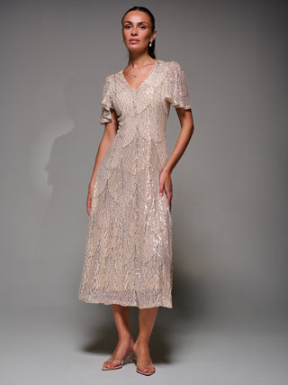 Sequin Angel Sleeve Fit & Flare Midaxi Dress, Beige Silver