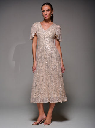Sequin Angel Sleeve Fit & Flare Midaxi Dress, Beige Silver