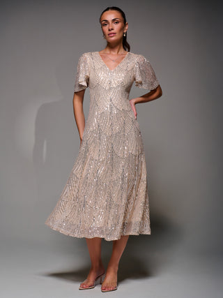 Sequin Angel Sleeve Fit & Flare Midaxi Dress, Beige Silver