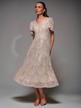 Sequin Angel Sleeve Fit & Flare Midaxi Dress, Beige Silver