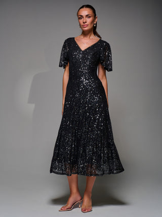 Sequin Angel Sleeve Fit & Flare Midaxi Dress, Black Metallic