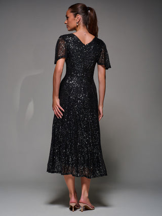 Sequin Angel Sleeve Fit & Flare Midaxi Dress, Black Metallic