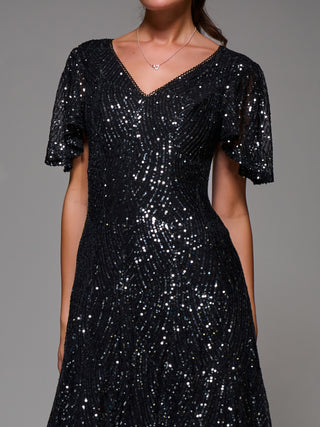 Sequin Angel Sleeve Fit & Flare Midaxi Dress, Black Metallic