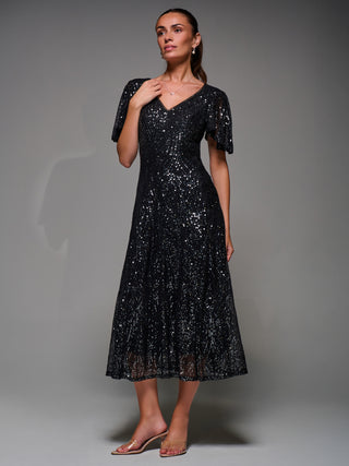 Sequin Angel Sleeve Fit & Flare Midaxi Dress, Black Metallic