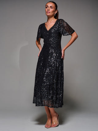 Sequin Angel Sleeve Fit & Flare Midaxi Dress, Black Metallic