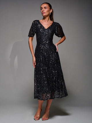 Sequin Angel Sleeve Fit & Flare Midaxi Dress, Black Metallic