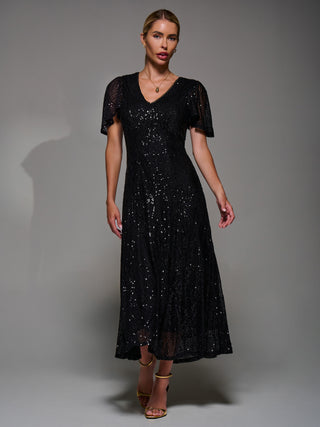 Sequin Angel Sleeve Fit & Flare Midaxi Dress, Black