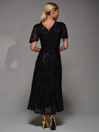 Sequin Angel Sleeve Fit & Flare Midaxi Dress, Black
