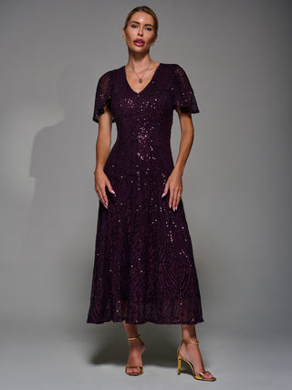 Sequin Angel Sleeve Fit & Flare Midaxi Dress, Dark Burgundy