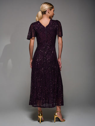 Sequin Angel Sleeve Fit & Flare Midaxi Dress, Dark Burgundy