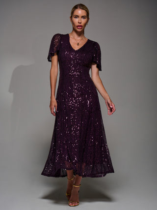 Sequin Angel Sleeve Fit & Flare Midaxi Dress, Dark Burgundy