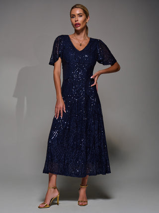 Sequin Angel Sleeve Fit & Flare Midaxi Dress, Navy