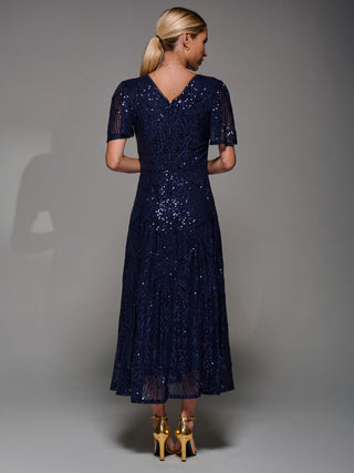 Sequin Angel Sleeve Fit & Flare Midaxi Dress, Navy