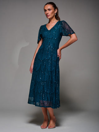 Sequin Angel Sleeve Fit & Flare Midaxi Dress, Teal