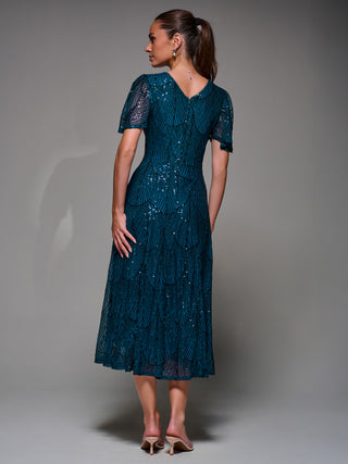 Sequin Angel Sleeve Fit & Flare Midaxi Dress, Teal