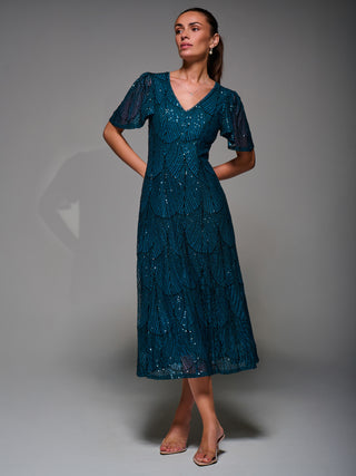 Sequin Angel Sleeve Fit & Flare Midaxi Dress, Teal