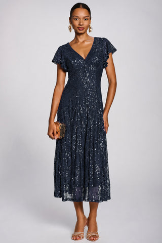 Sequin V-Neck Fit & Flare Maxi Dress, Navy