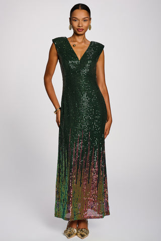 Multi-tone Patterned Sequin Maxi Dress, Green Multi