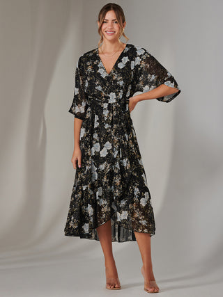Rita Ruffle Hem Chiffon Midi Dress, Black Floral