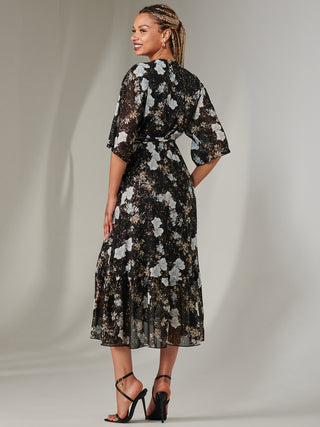 Rita Ruffle Hem Chiffon Midi Dress, Black Floral