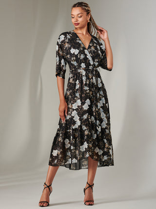 Rita Ruffle Hem Chiffon Midi Dress, Black Floral