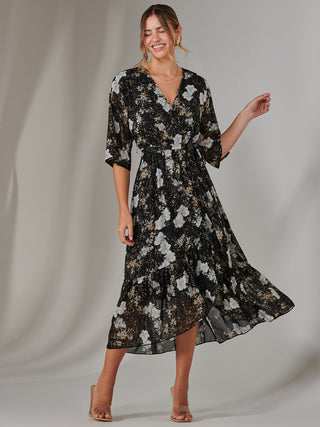 Rita Ruffle Hem Chiffon Midi Dress, Black Floral