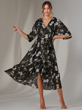 Rita Ruffle Hem Chiffon Midi Dress, Black Floral
