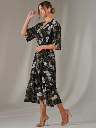 Rita Ruffle Hem Chiffon Midi Dress, Black Floral
