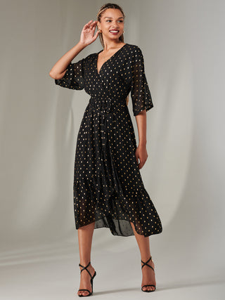 Rita Ruffle Hem Chiffon Midi Dress, Black/Gold