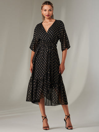 Rita Ruffle Hem Chiffon Midi Dress, Black/Gold
