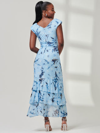 Yuri Mesh Frill Hem Maxi Dress, Blue Multi