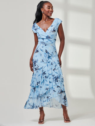 Yuri Mesh Frill Hem Maxi Dress, Blue Multi