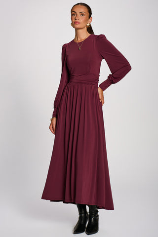 Long Sleeve Sheen Jersey Maxi Dress, Burgundy