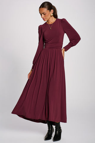 Long Sleeve Sheen Jersey Maxi Dress, Burgundy
