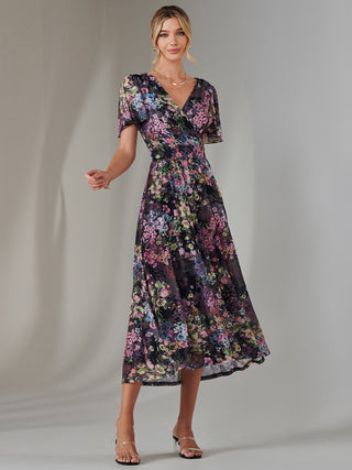 Angel Sleeve Wrap Bodice Mesh Maxi Dress, Floral Multi