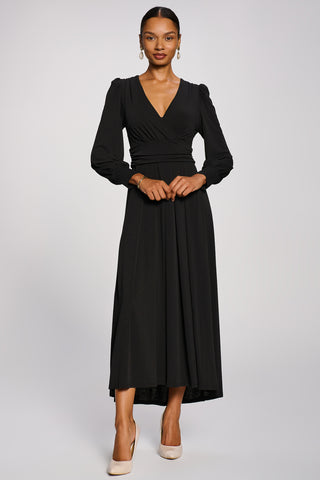 Long Sleeve V-Neck Jersey Maxi Dress, Black