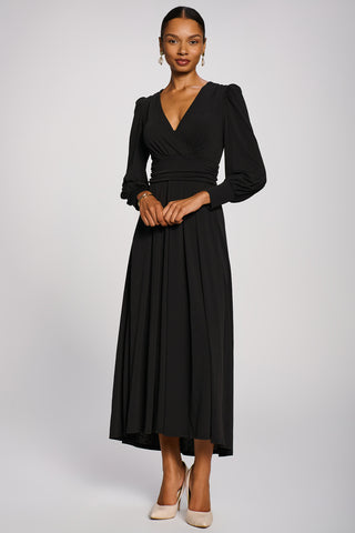 Long Sleeve V-Neck Jersey Maxi Dress, Black