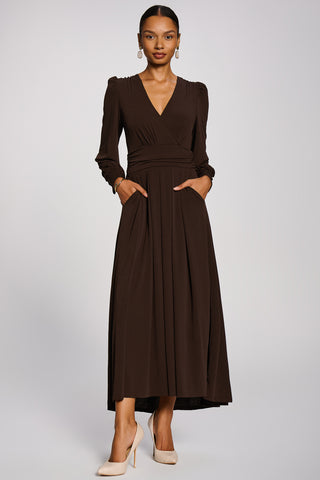 Long Sleeve V-Neck Jersey Maxi Dress, Brown