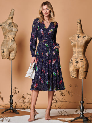 Wrap Front Long Sleeve Mesh Dress, Navy Feather