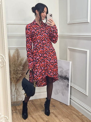 Oversized Dipped Hem Shirt Dress, Red Multi