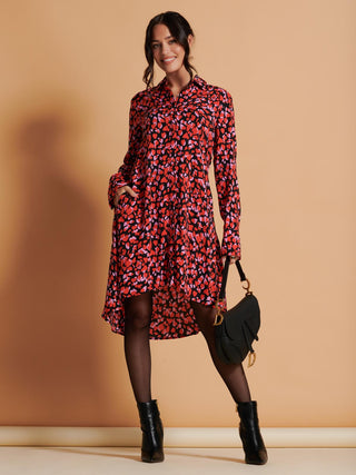 Oversized Dipped Hem Shirt Dress, Red Multi