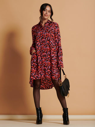 Oversized Dipped Hem Shirt Dress, Red Multi