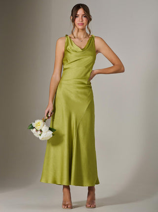 Twisted Shoulder Cowl Neck Midaxi Dress, Green