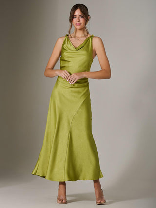 Twisted Shoulder Cowl Neck Midaxi Dress, Green