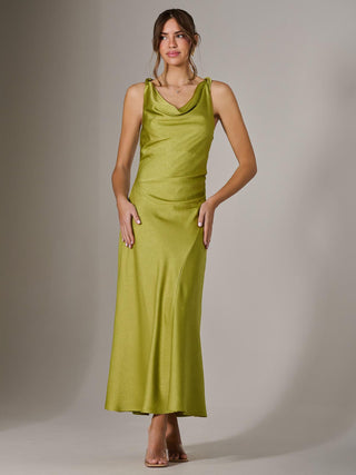 Twisted Shoulder Cowl Neck Midaxi Dress, Green
